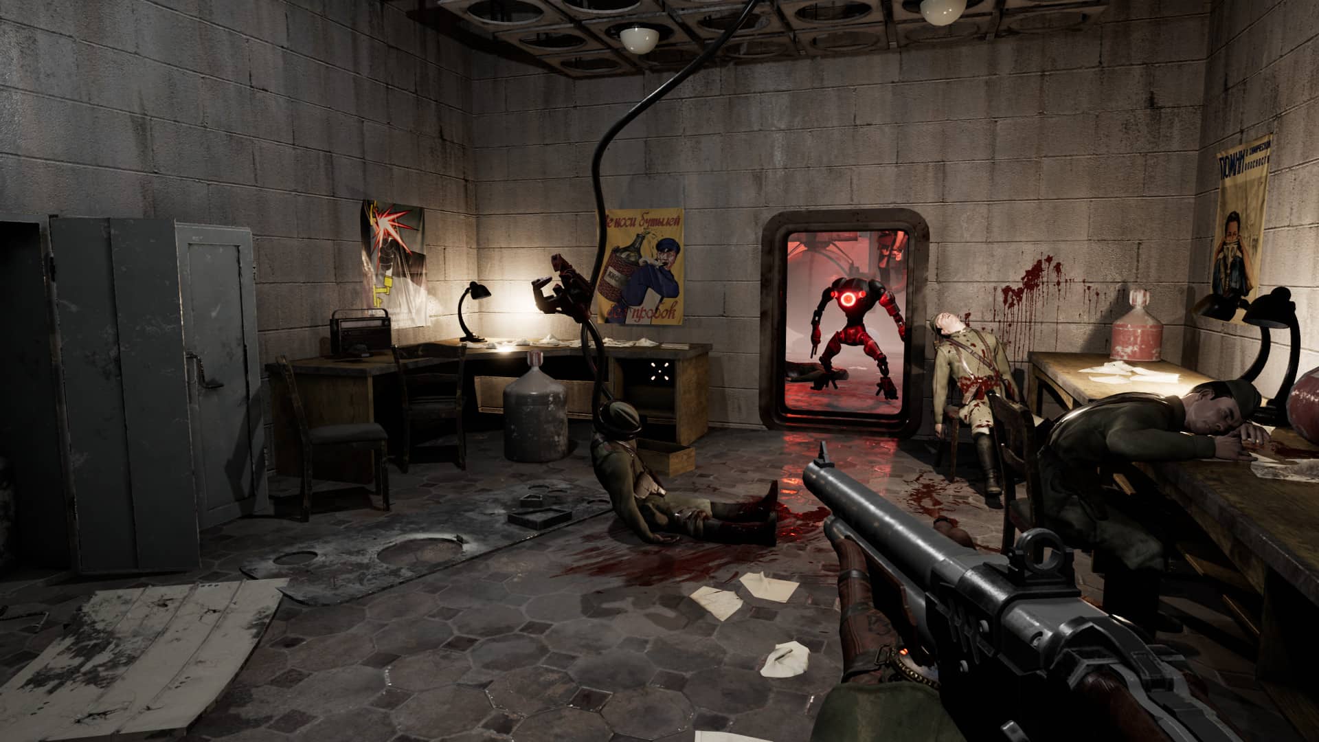 Captura del juego Atomic Heart donde se ve a alguien disparar y un robot