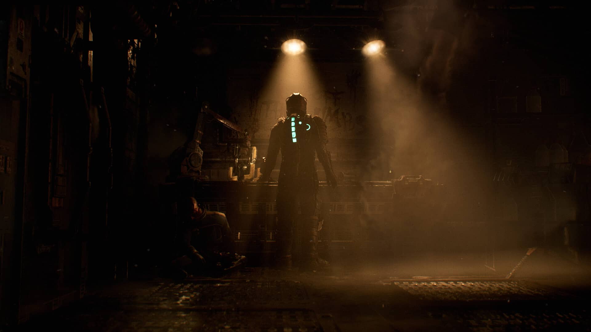 Captura del remake del juego Dead Space con un jugador de espaldas en una sala oscura y abandonada