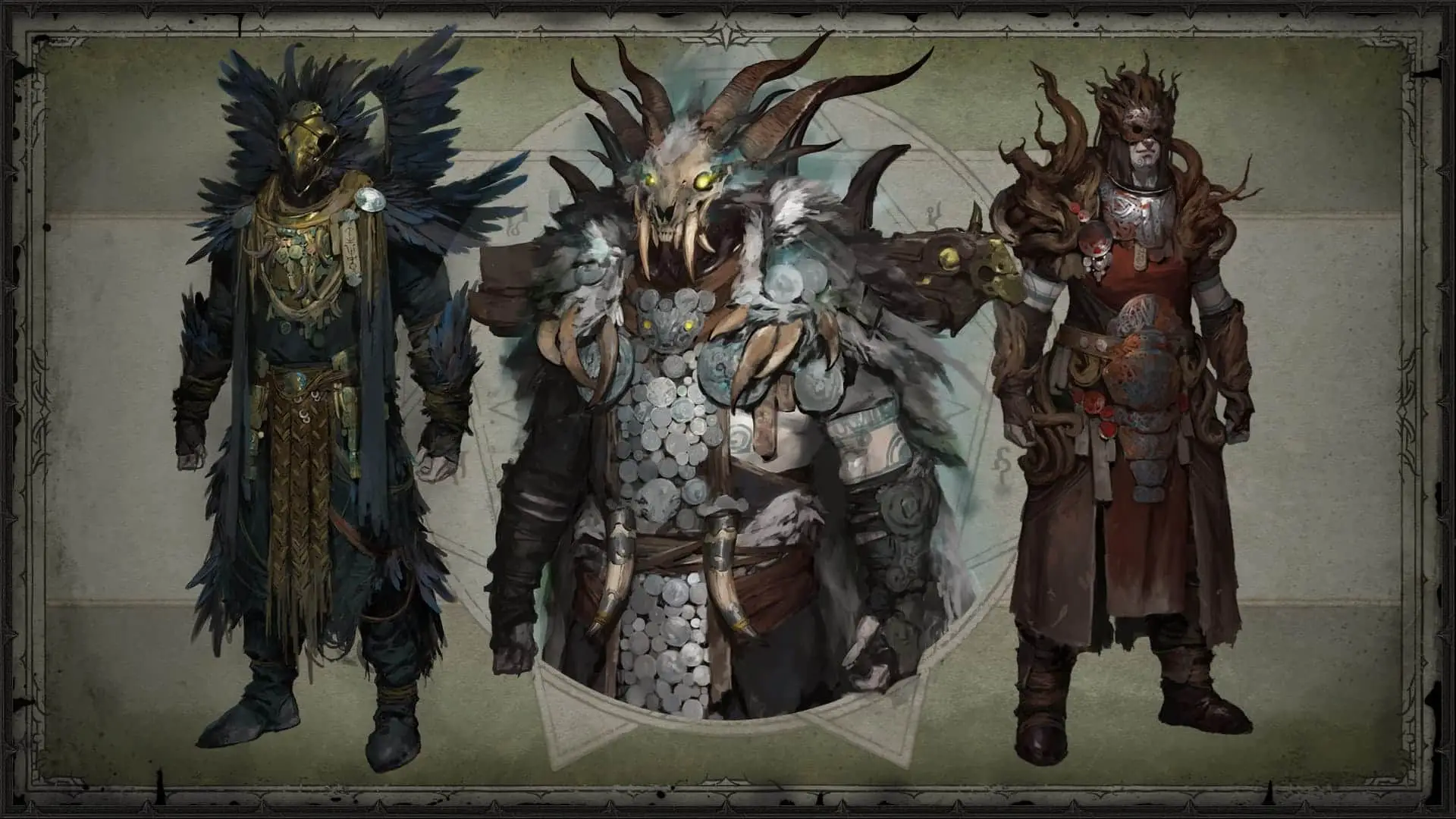 Artwork del juego Diablo 4 con tres de sus personajes con su carcateristicos trajes
