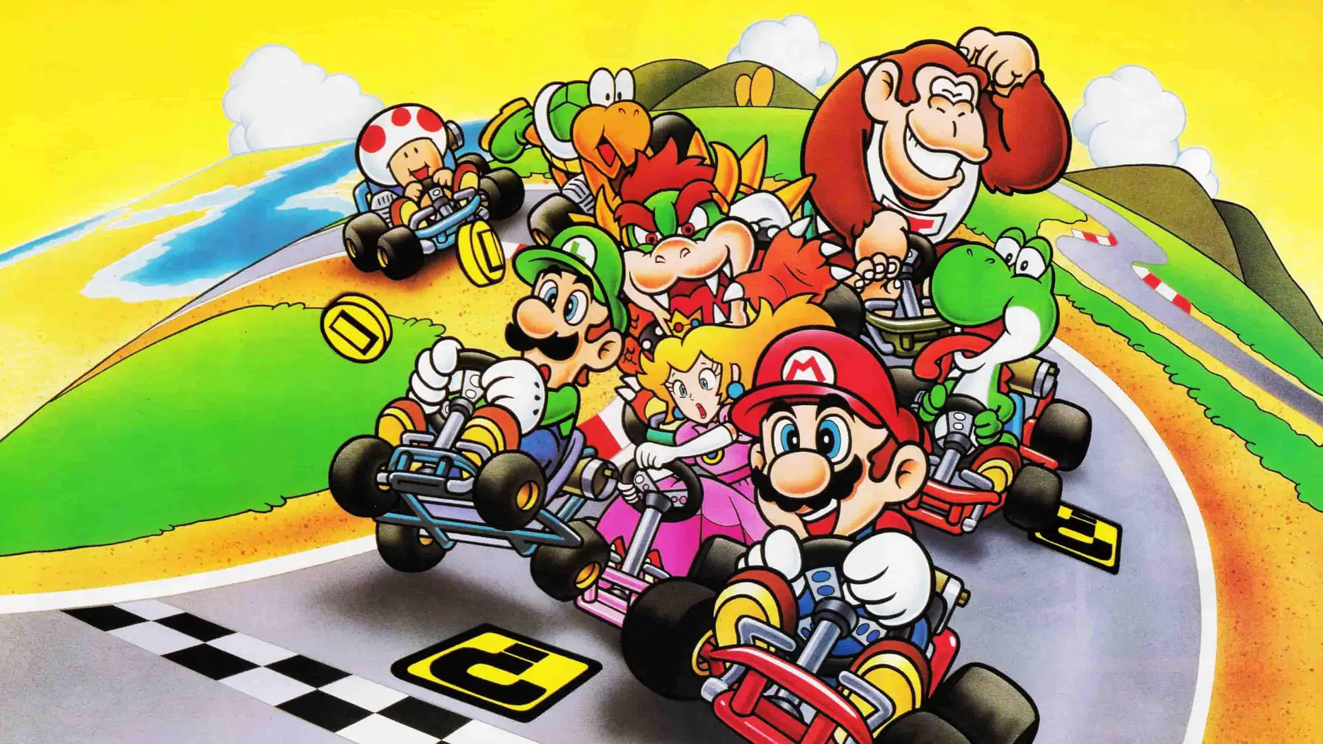 Artwork de l primer juego de Mario Kart para representar el lanzamiento de su ultima edicion Mario Kart 9