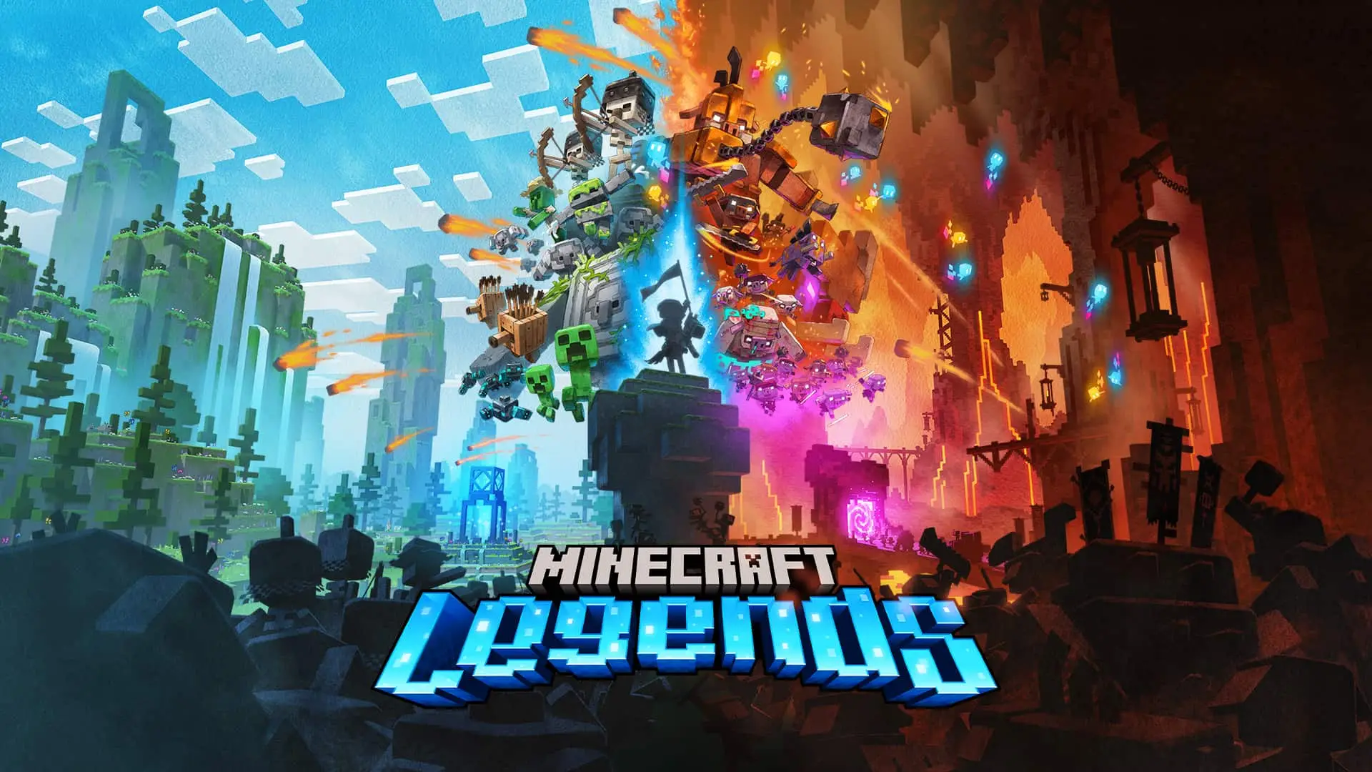Artwork del juego Minecraft Legends con muchos de sus personajes agrupados en dos bandos