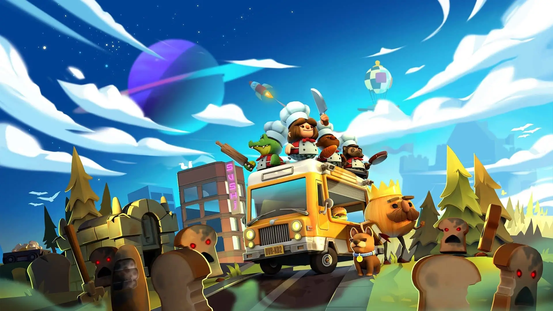 Artwok del juego Overcooked 2 con sus personajes montados en el techo de un autobus