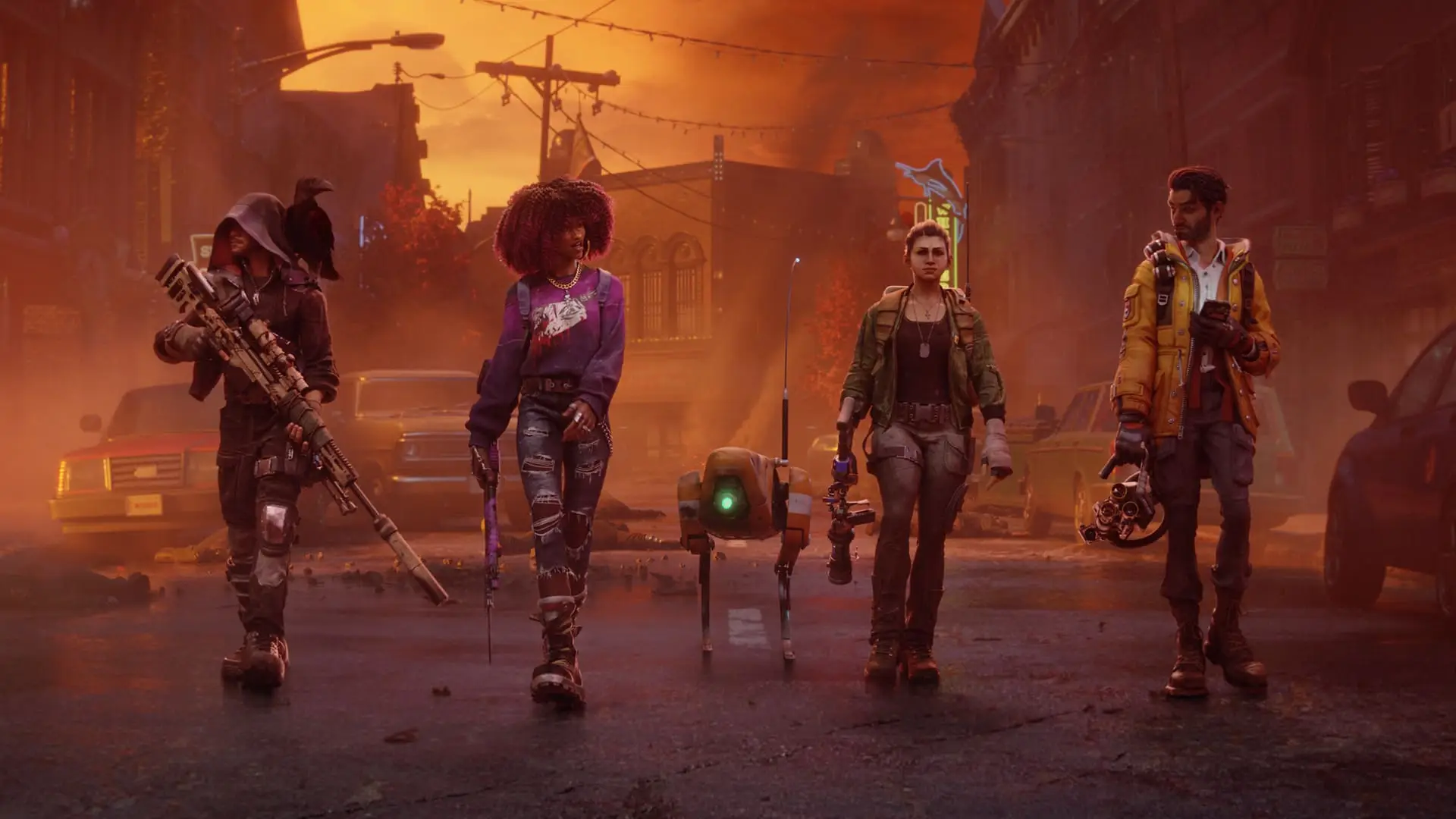 Artwork del juego Redfall con sus personajes andando en una ciudad destruida con un robot
