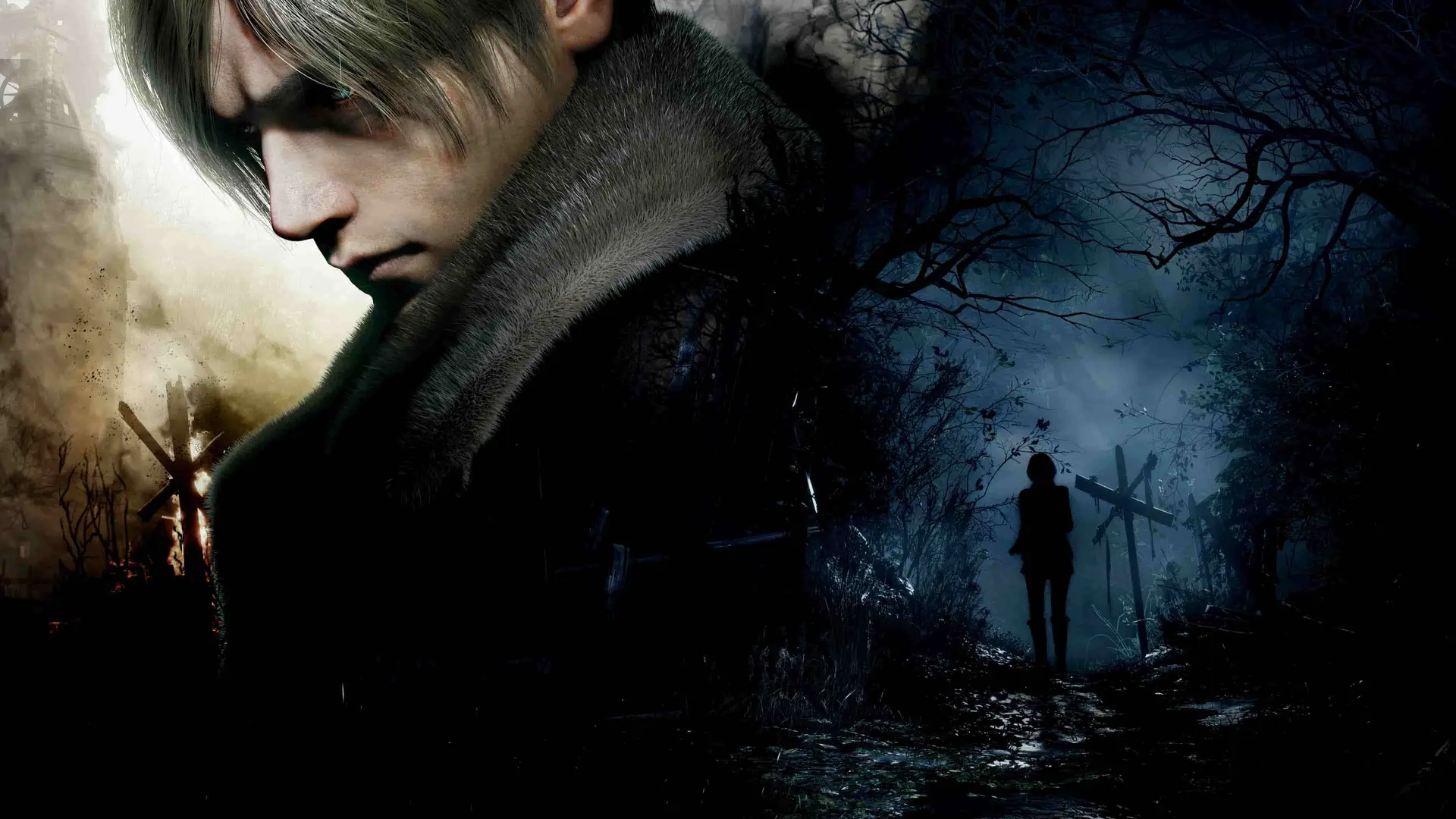 Artwork del juego Resident Evil 4 Remake con su protagonista y la silueta de una mujer en las sombras de la noche