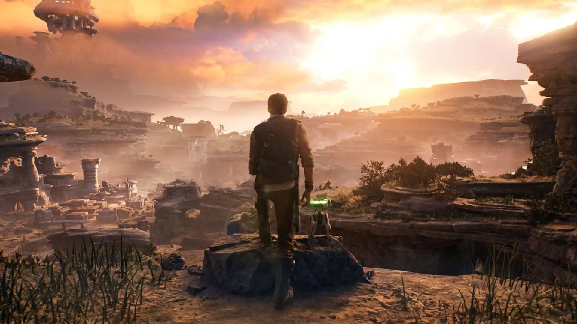 Captura del juego Star Wars Jedi Survivor con su protaogonista andando en un paisaje rocoso