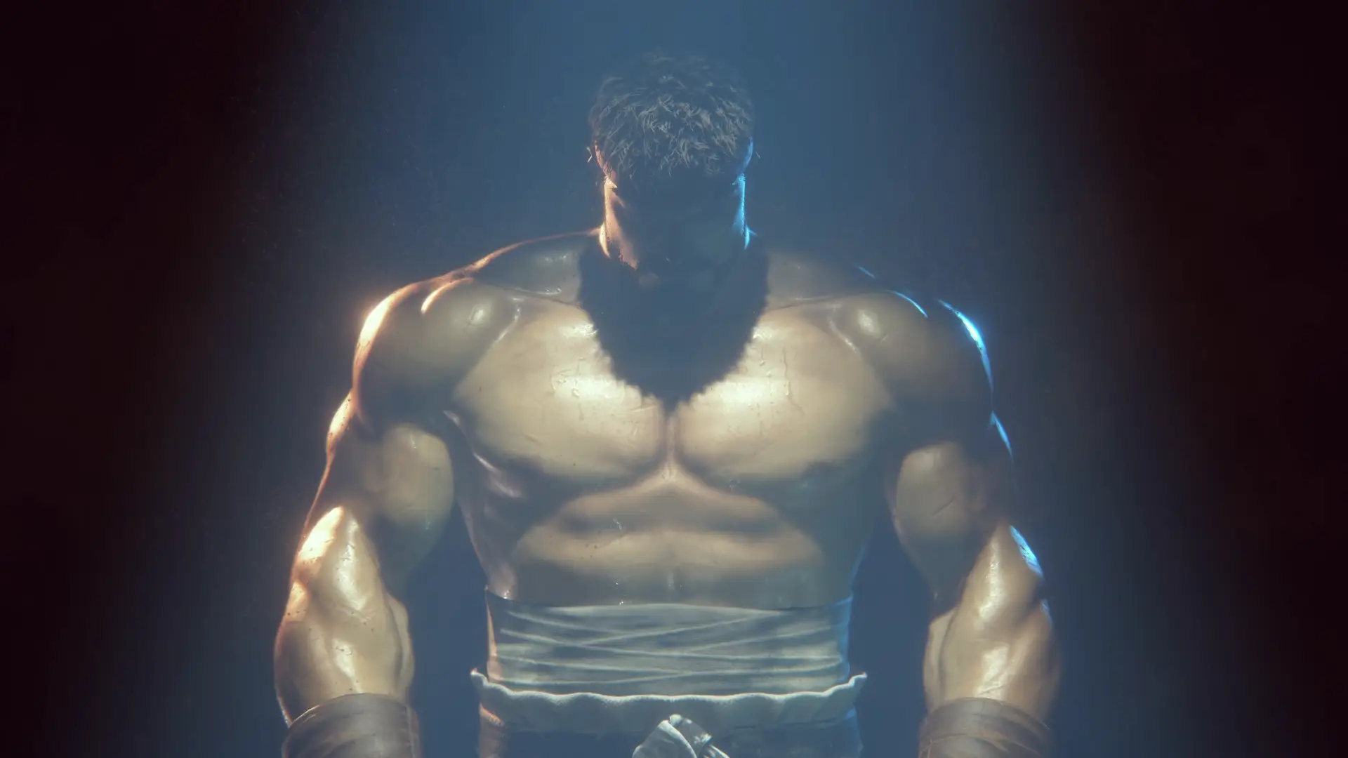 Artowork del juego Street Fighter 6 con uno de sus personajes en la sombra siendo iluminado con sus musculos