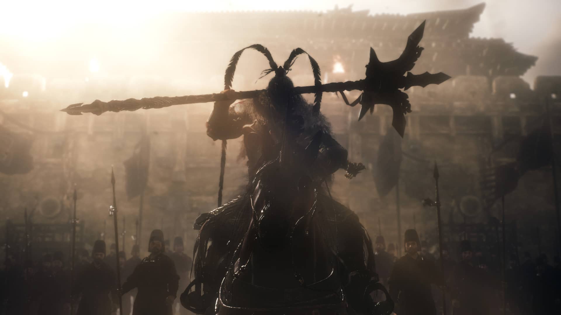 Captura del juego Wo Long: Fallen Dynasty con un guerrero montado a caballo